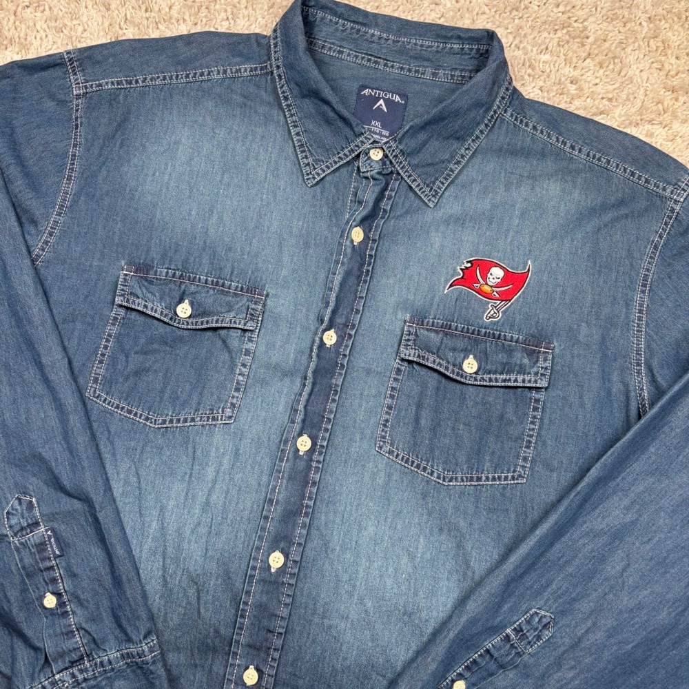 Antigua Tampa Bay Buccaneers Denim Shirt Men XXL Blue Long Sleeve Embroidered